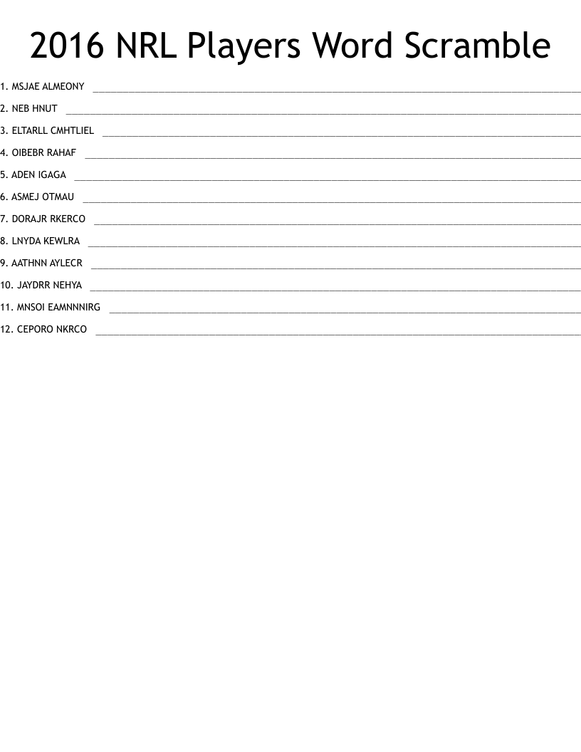 2016 NRL Players Word Scramble