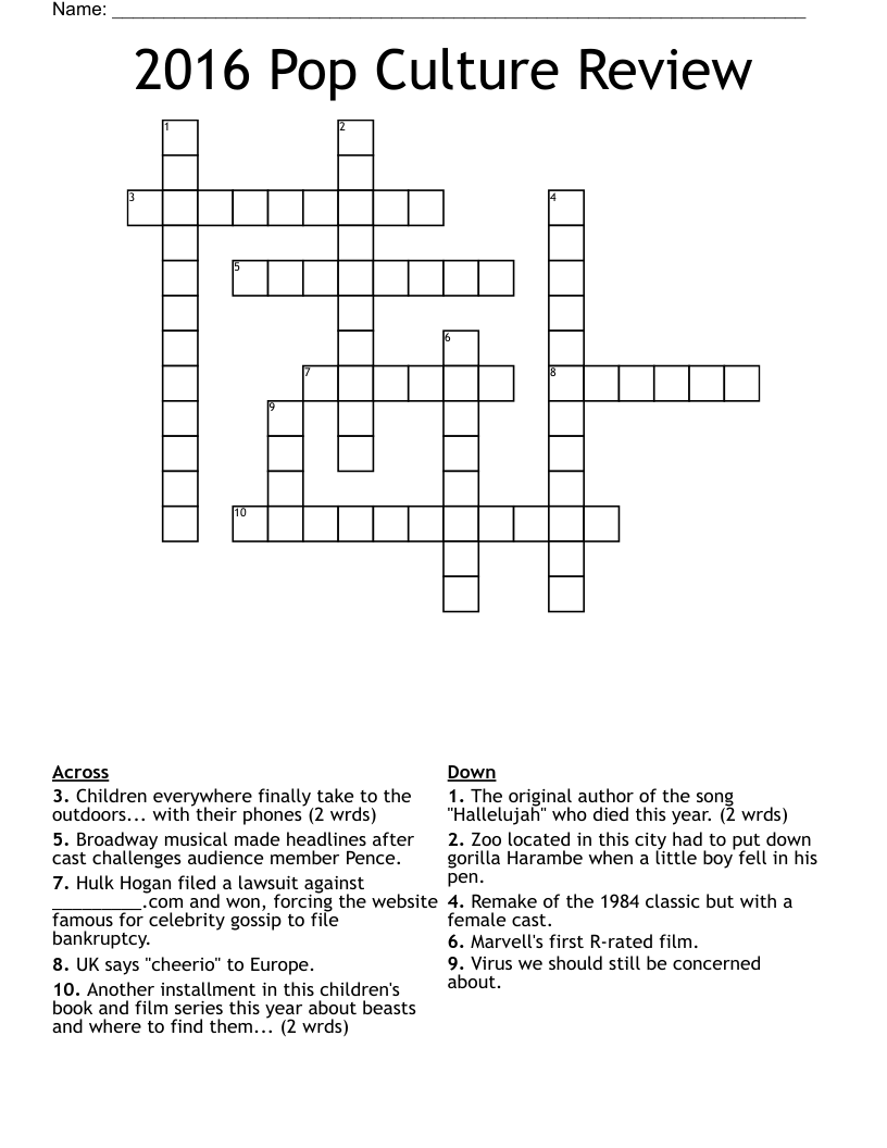 2016 Pop Culture Review Crossword
