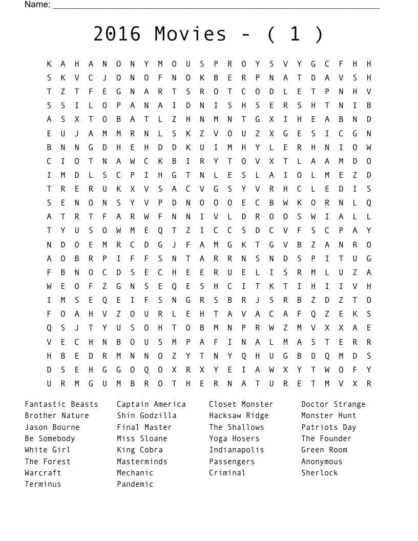 2016   Movies   -   (  1  ) Word Search