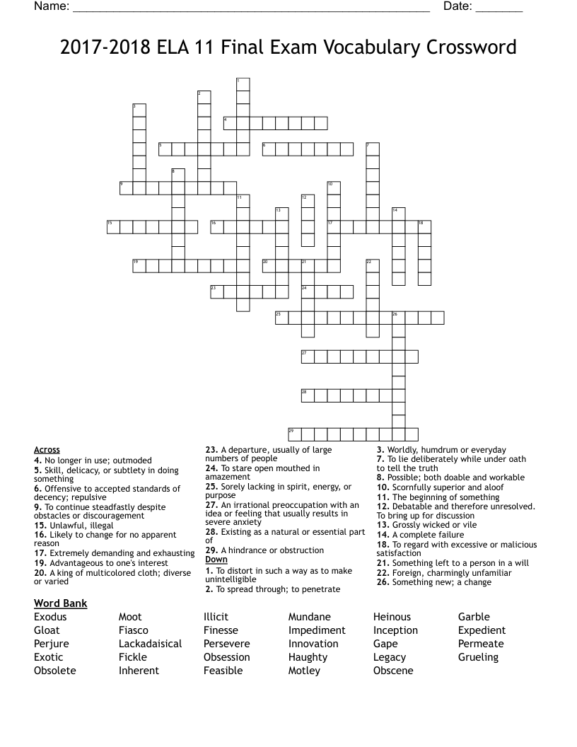2017-2018 ELA 11 Final Exam Vocabulary Crossword