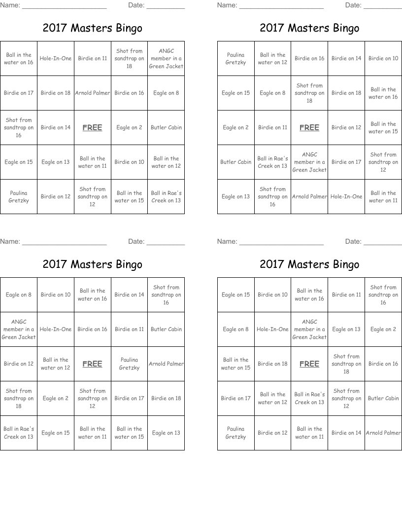 2017 Masters Bingo