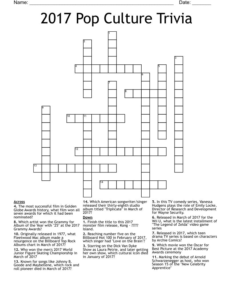 2017 Pop Culture Trivia Crossword