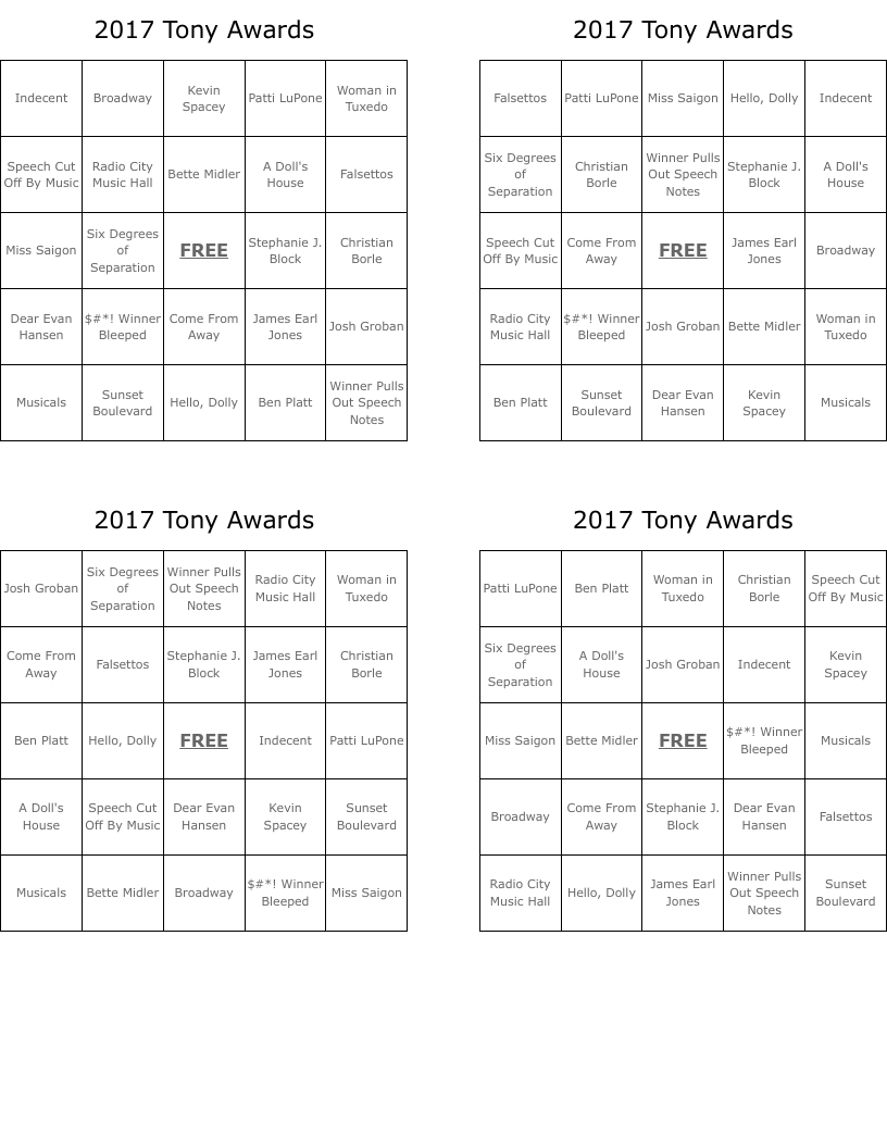 2017 Tony Awards Bingo Cards