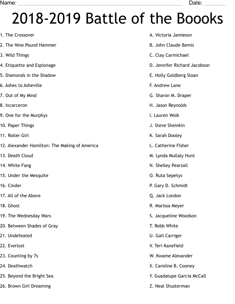2018-2019 Battle of the Boooks Worksheet