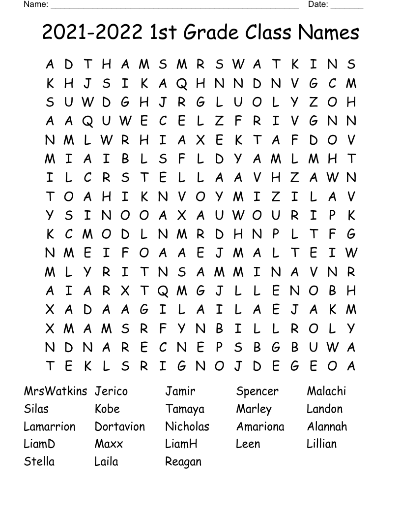 2021-2022 1st Grade Class Names Word Search