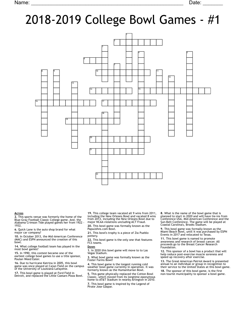 2018-2019 College Bowl Games - #1 Crossword
