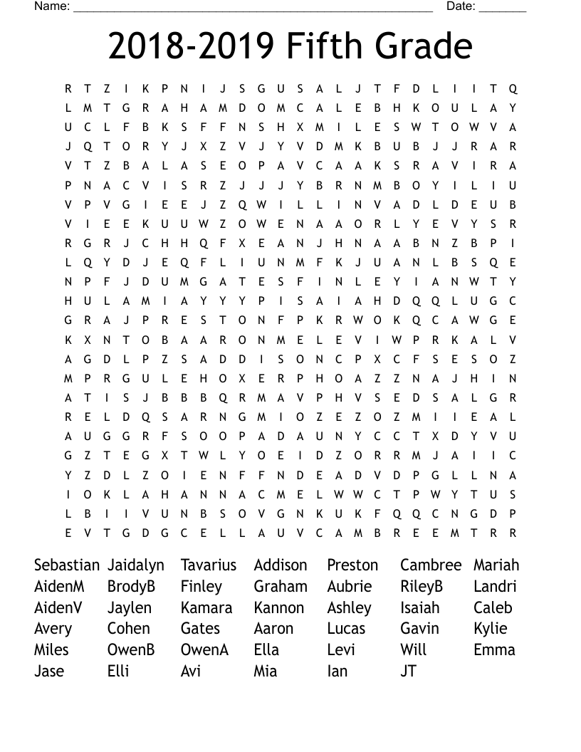 2018-2019 Fifth Grade Word Search
