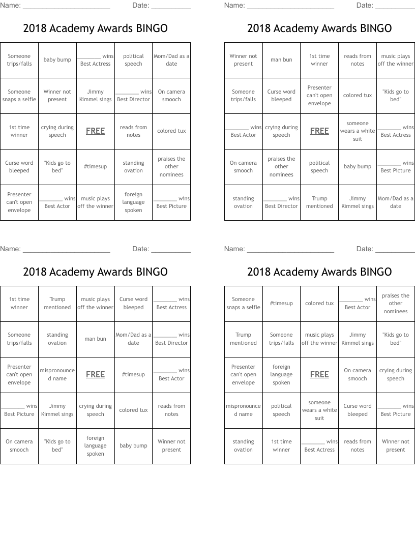 2018 Academy Awards BINGO