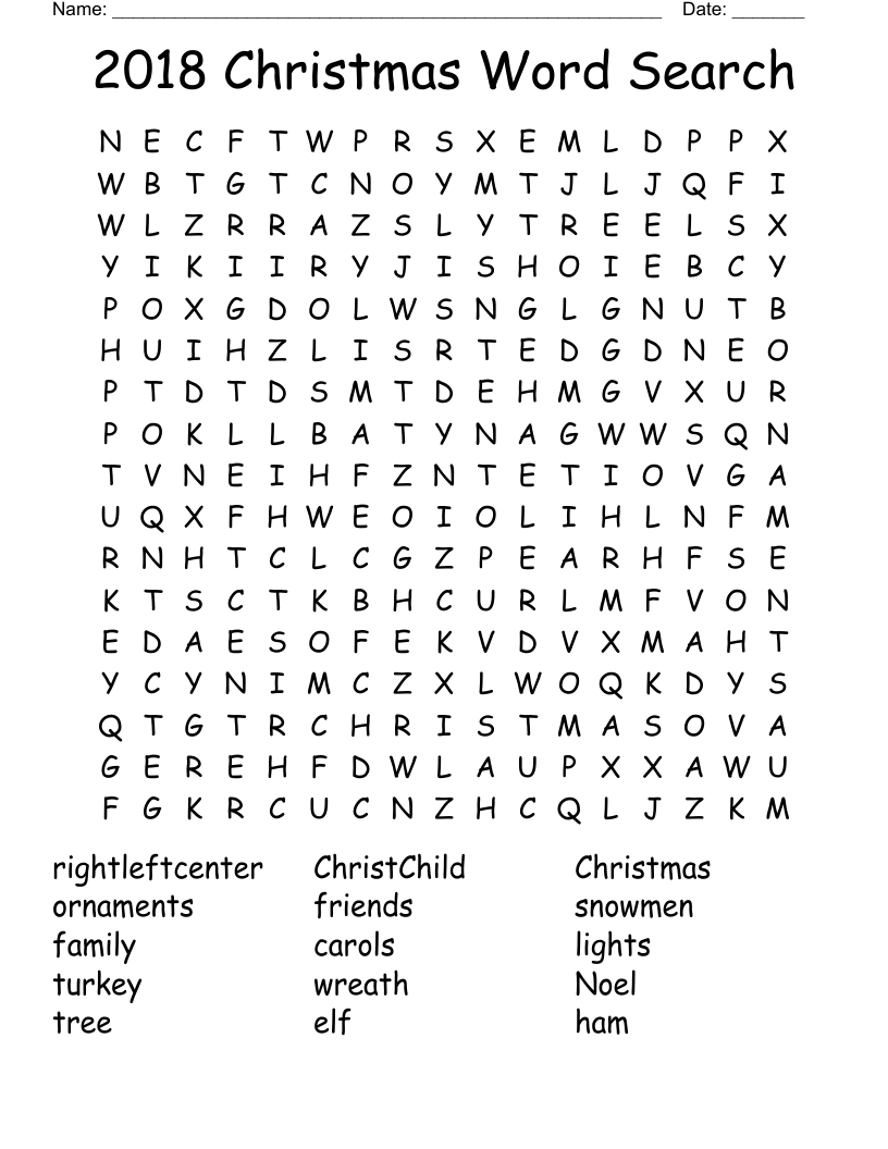 2018 Christmas Word Search