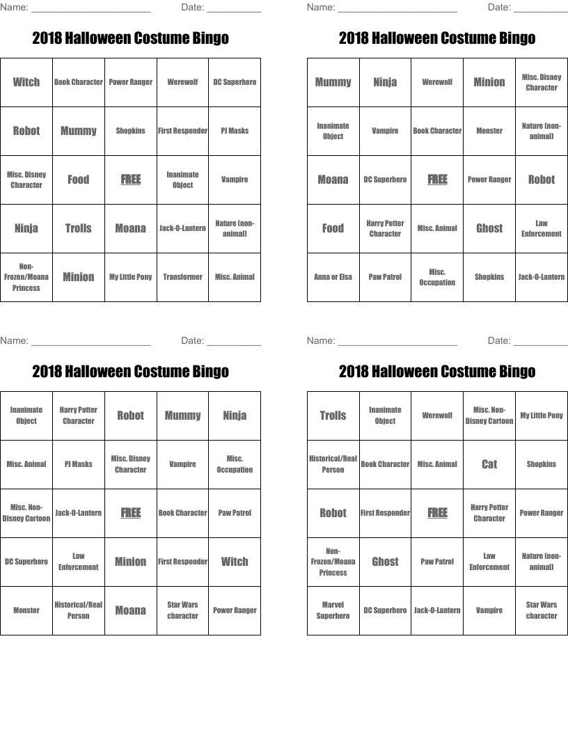 2018 Halloween Costume Bingo