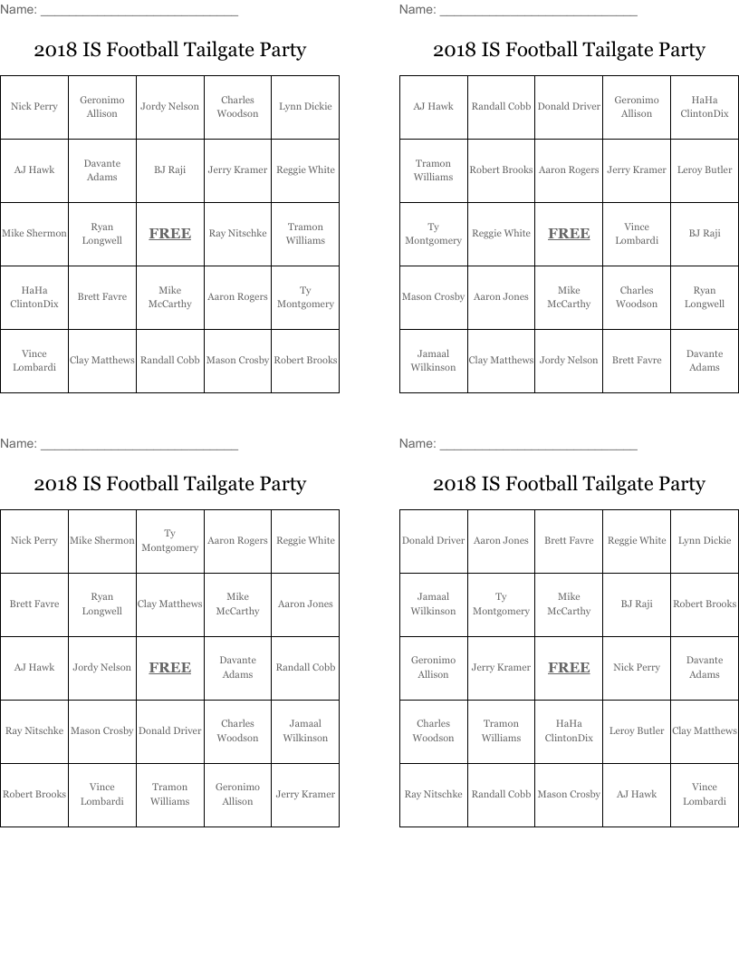 2018 IS Football Tailgate Party Bingo Cards