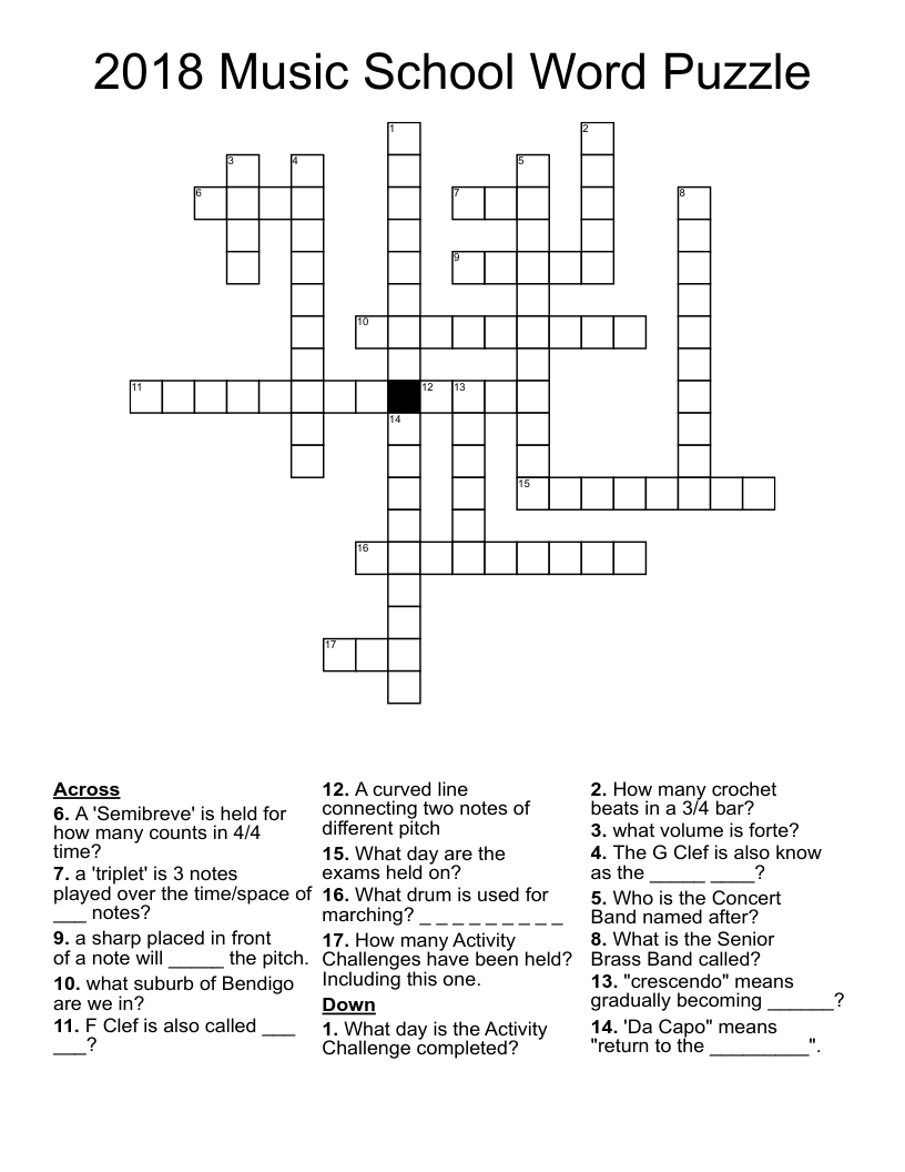 2018 Music School Word Puzzle Crossword