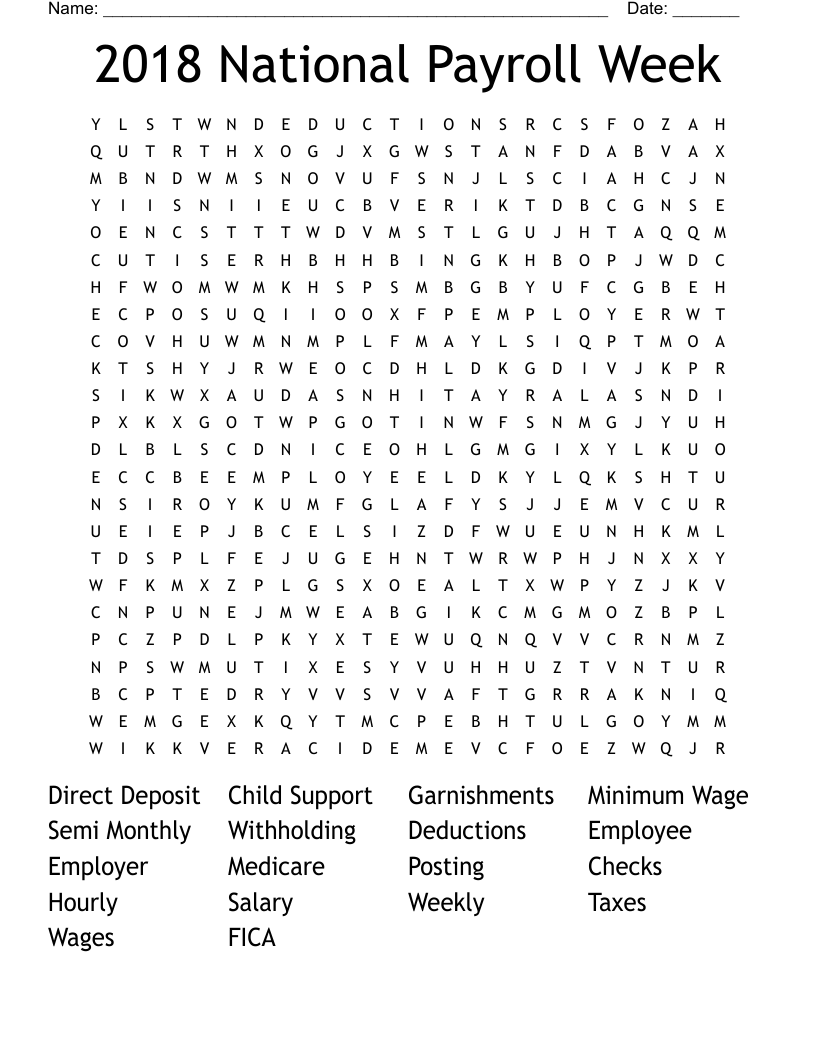 2018 National Payroll Week Word Search