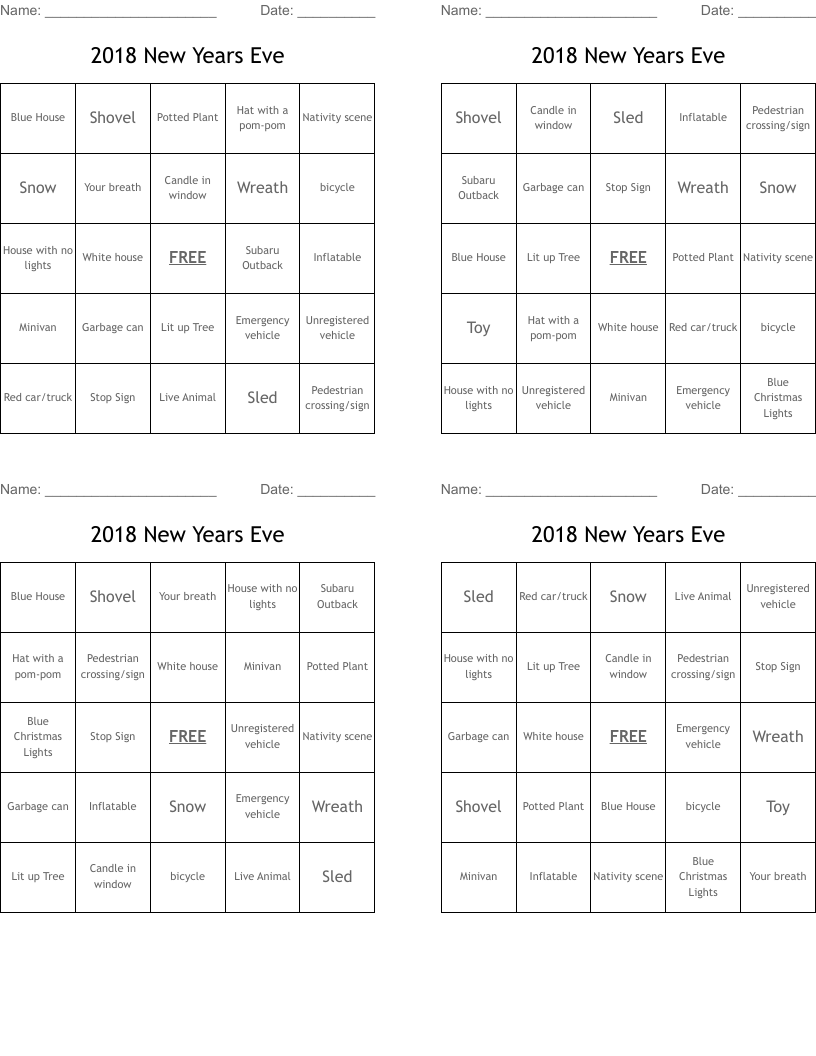 2018 New Years Eve  Bingo Cards