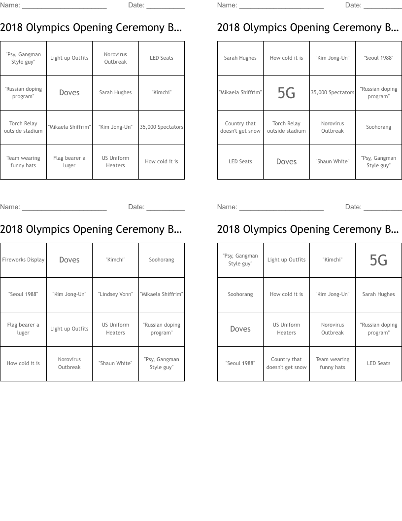 2018 Olympics Opening Ceremony Bingo