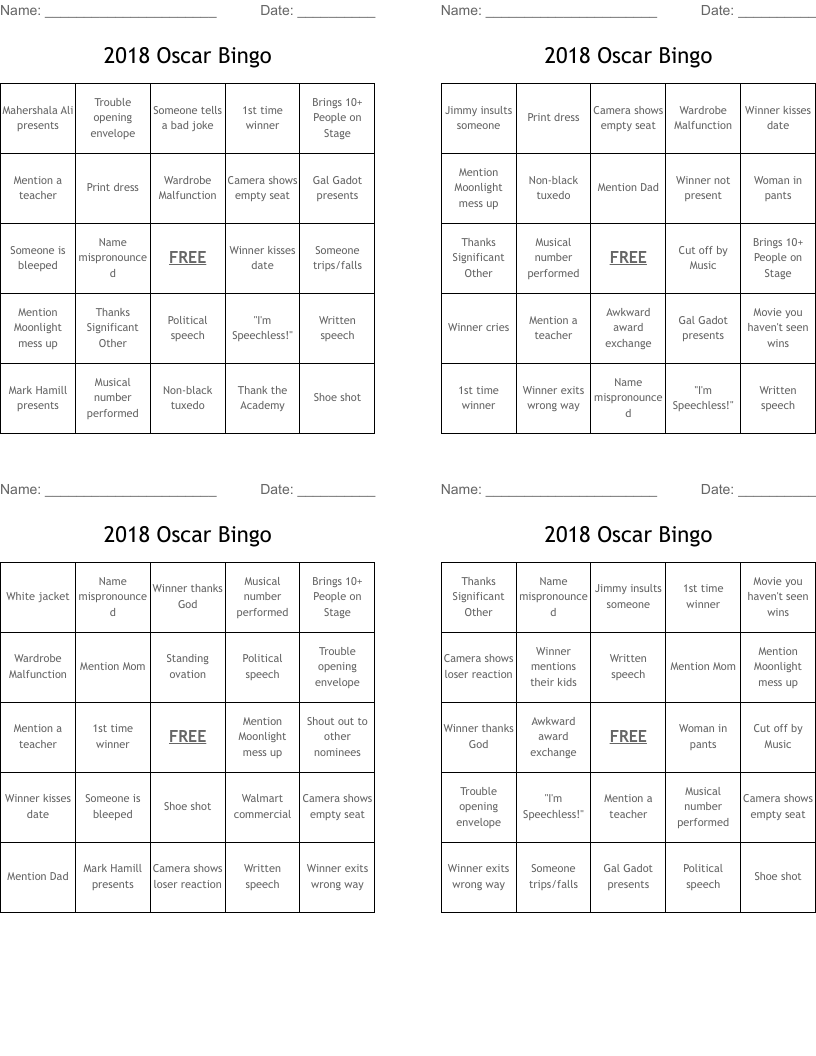 2018 Oscar Bingo
