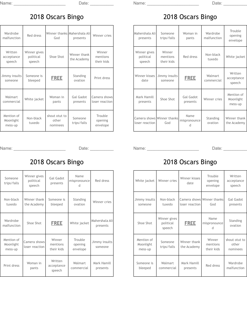 2018 Oscars Bingo