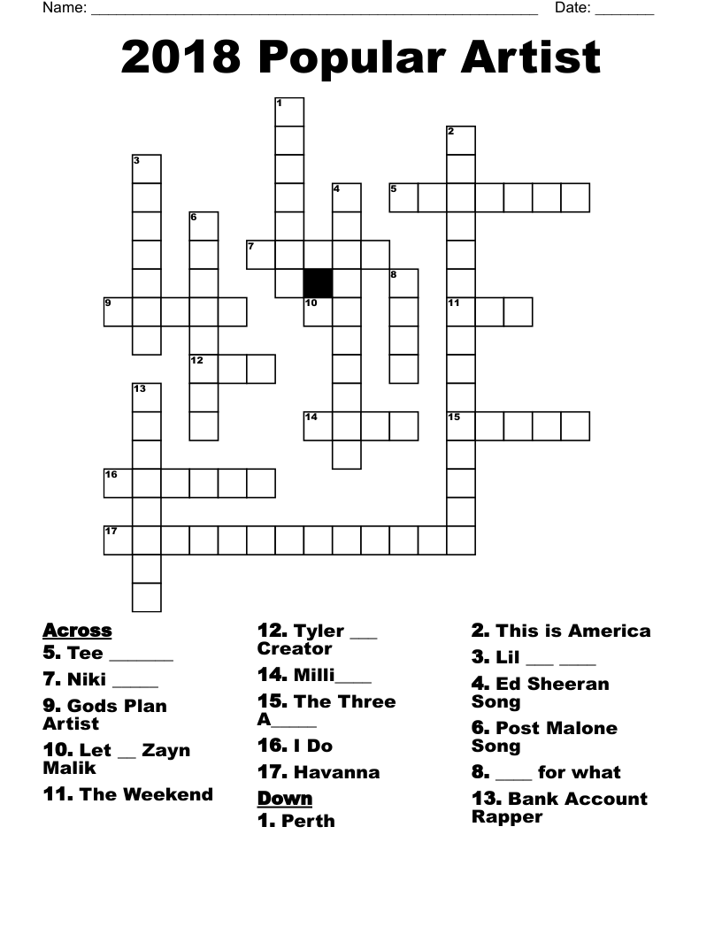 2018 Popular Artist Crossword