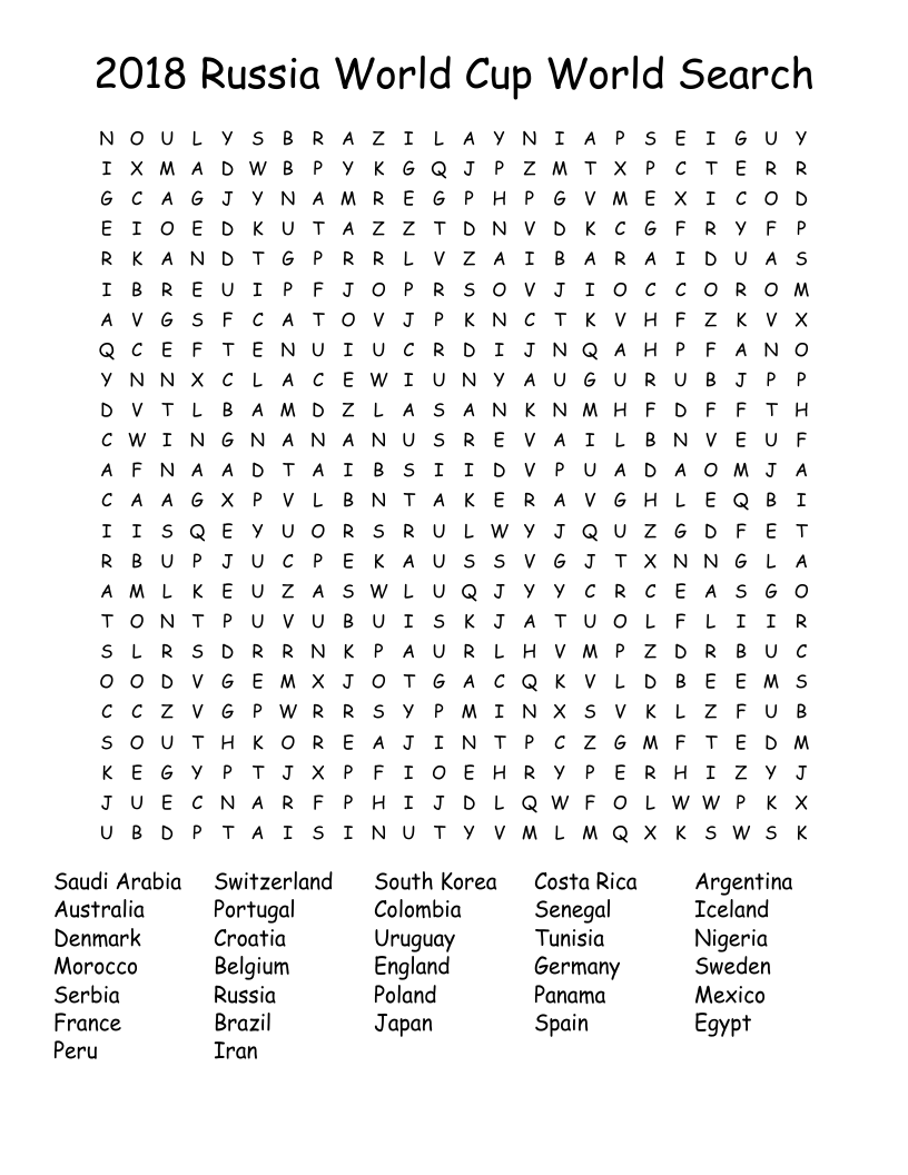 2018 Russia World Cup World Search Word Search