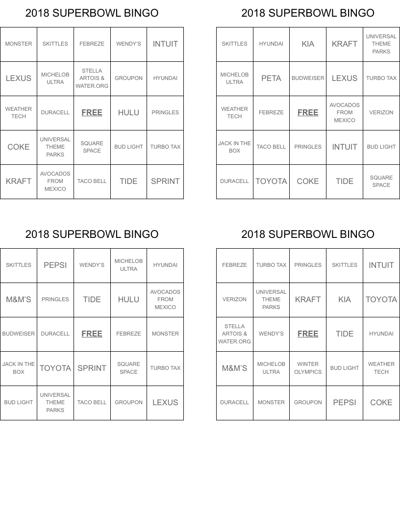 2018 SUPERBOWL BINGO