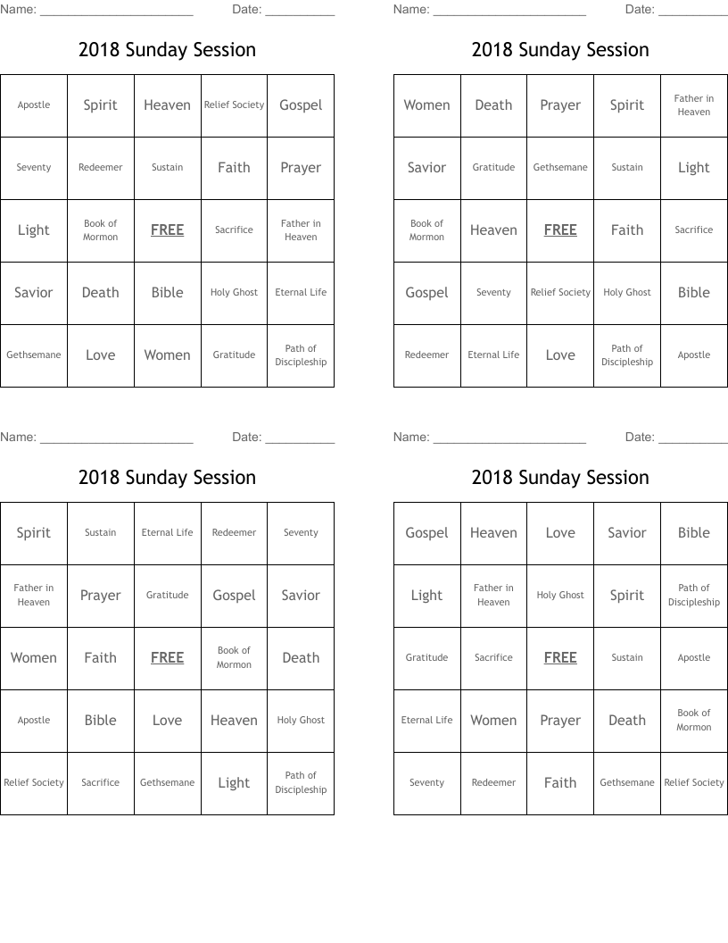 2018 Sunday Session Bingo Cards