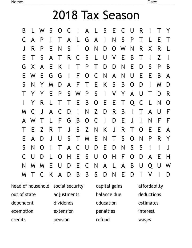 2018 Tax Season Word Search