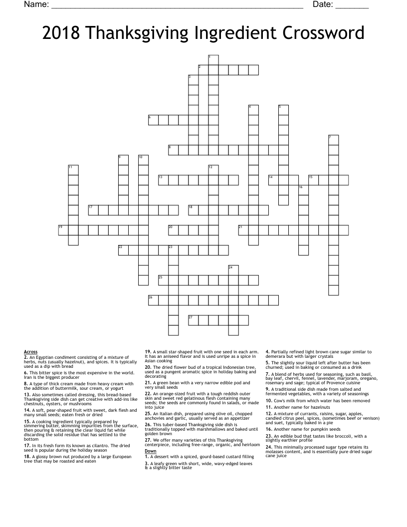 2018 Thanksgiving Ingredient Crossword