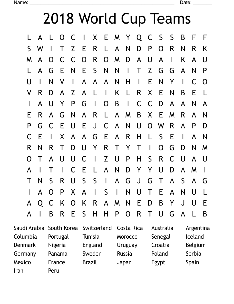 2018 World Cup Teams  Word Search