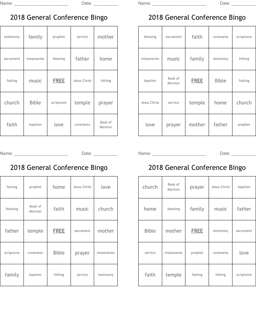 2018  General Conference Bingo