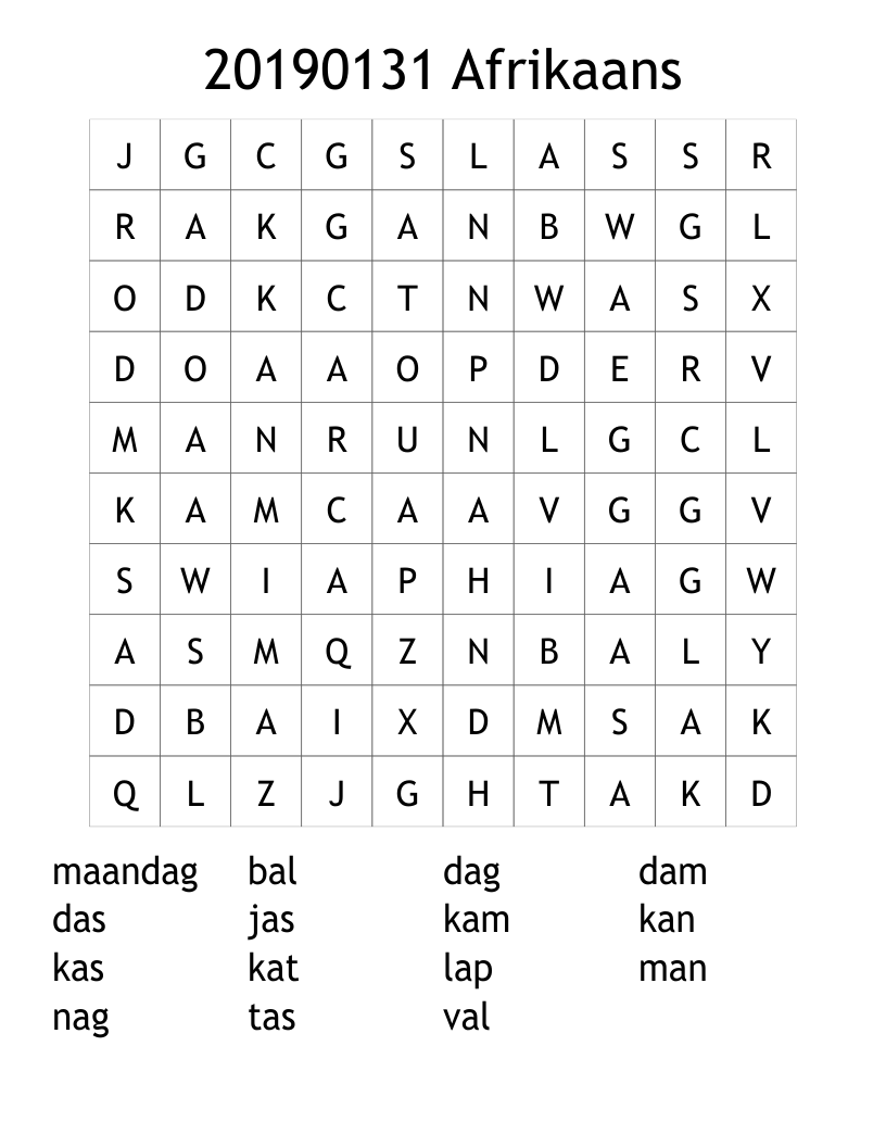 20190131 Afrikaans Word Search