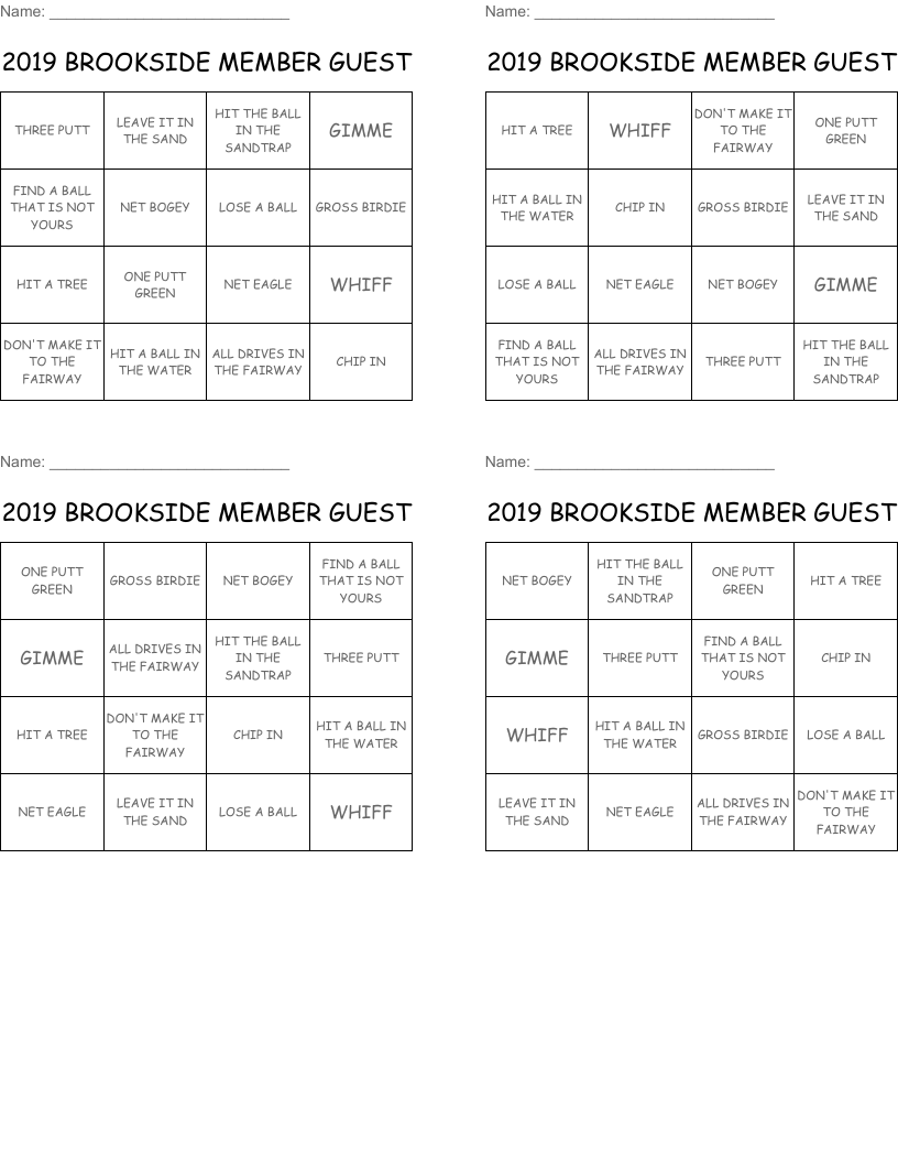 2019 BROOKSIDE MEMBER GUEST Bingo Cards