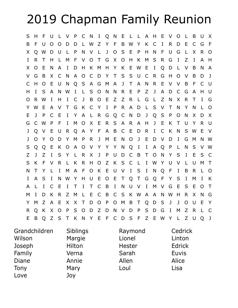 2019 Chapman Family Reunion  Word Search