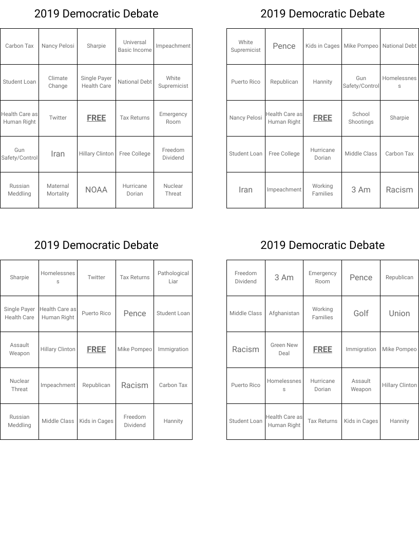 2019 Democratic Debate Bingo Cards