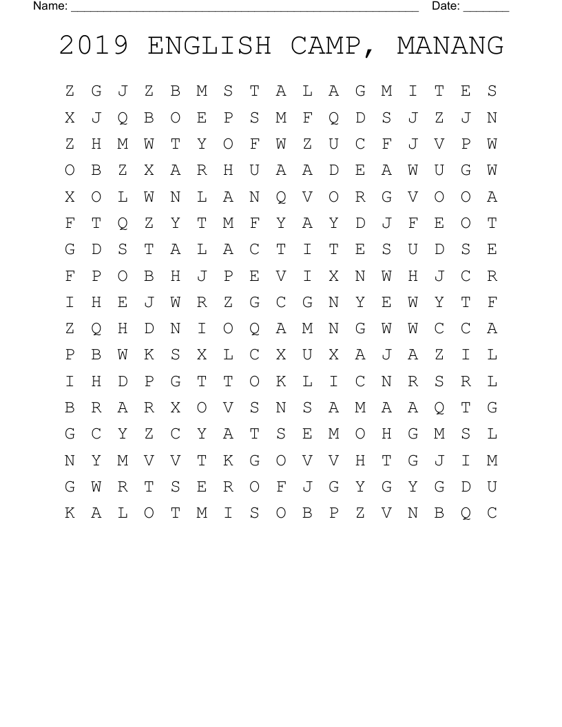 2019 ENGLISH CAMP, MANANG Word Search