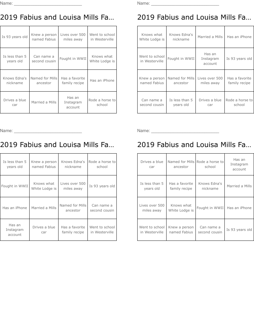 2019 Fabius and Louisa Mills Family Reunion  Bingo Cards