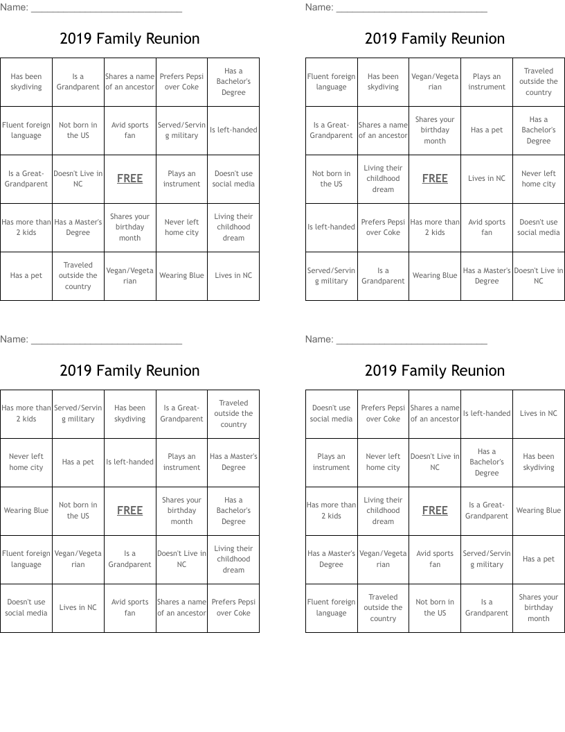 2019 Family Reunion Bingo Cards
