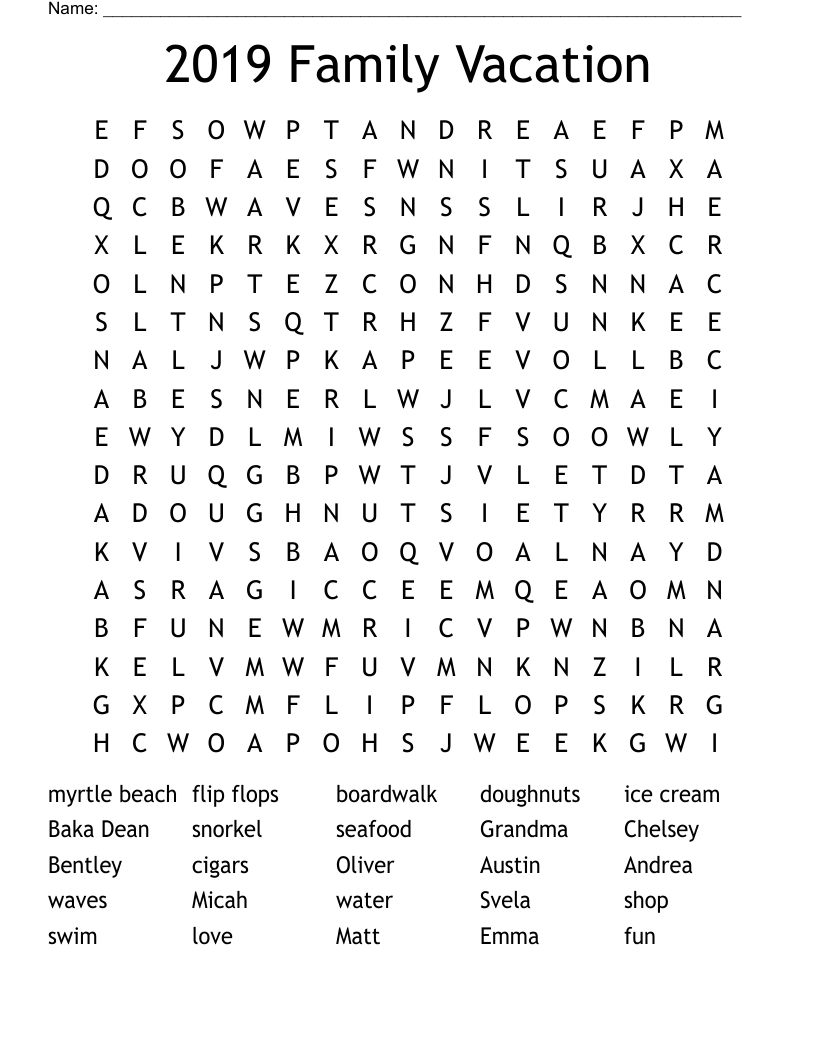 2019 Family Vacation Word Search