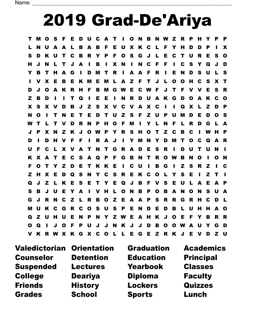 2019 Grad-De'Ariya Word Search