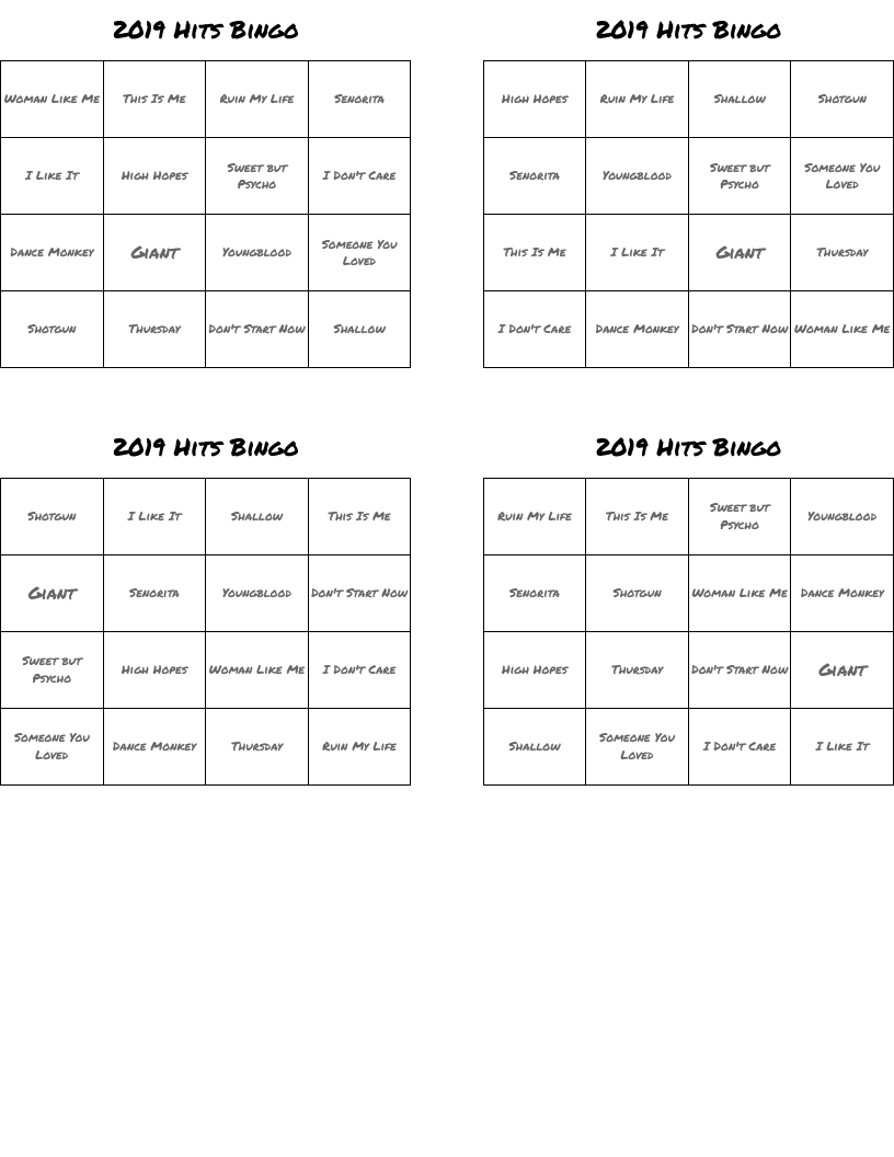 2019 Hits Bingo