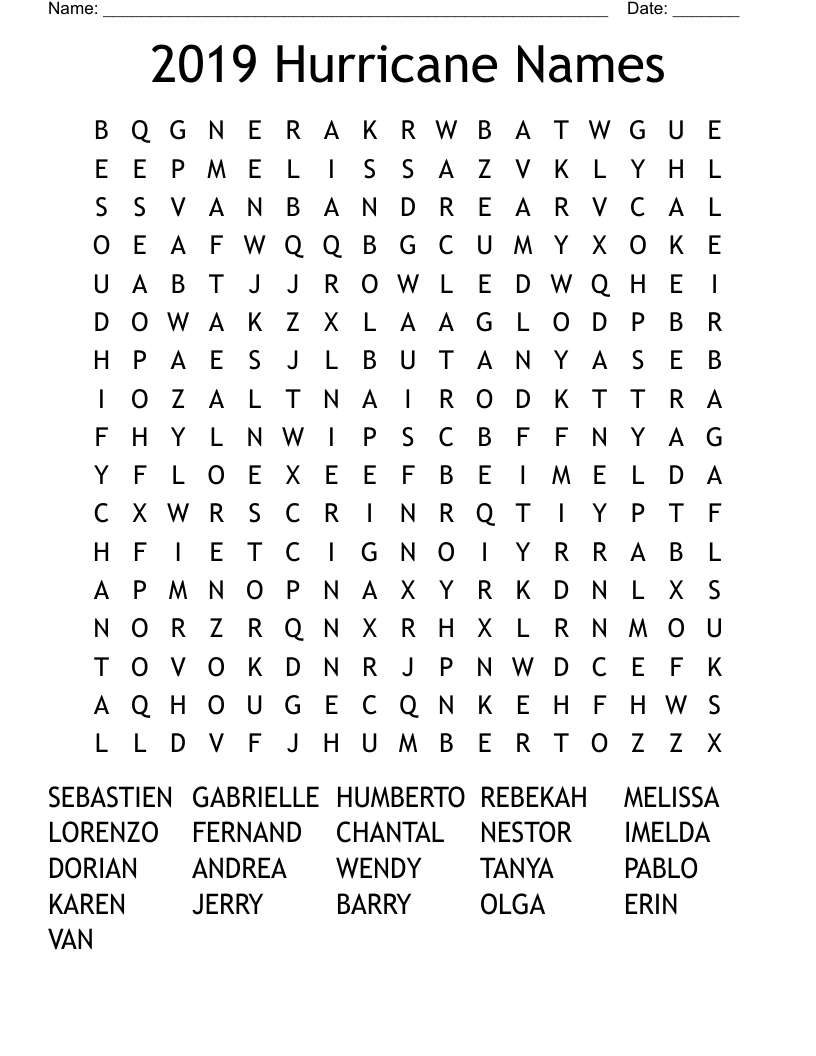 2019 Hurricane Names Word Search