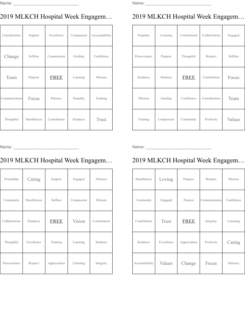 2019 MLKCH Hospital Week Engagement BINGO