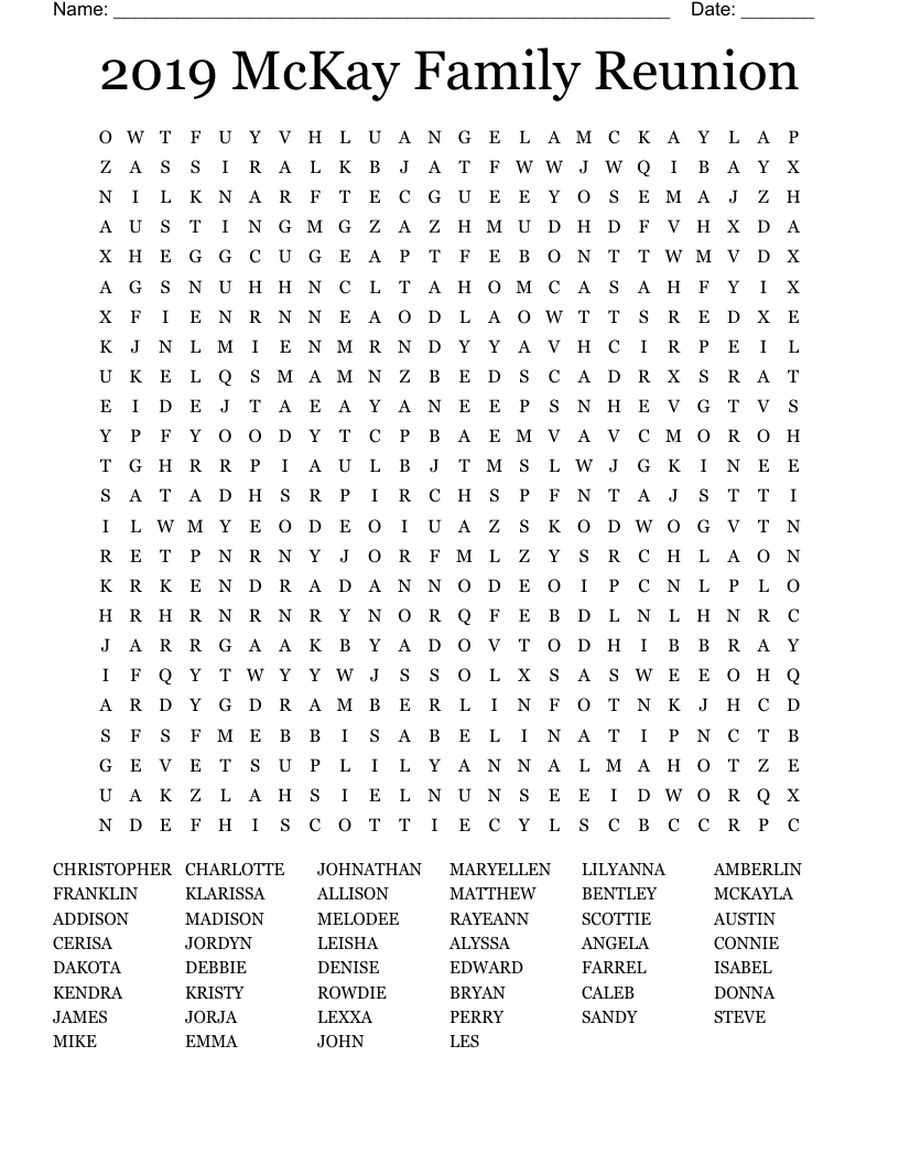 2019 McKay Family Reunion  Word Search