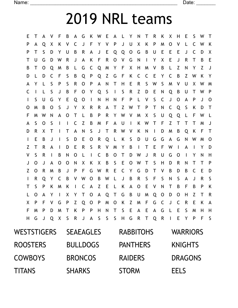 2019 NRL teams Word Search