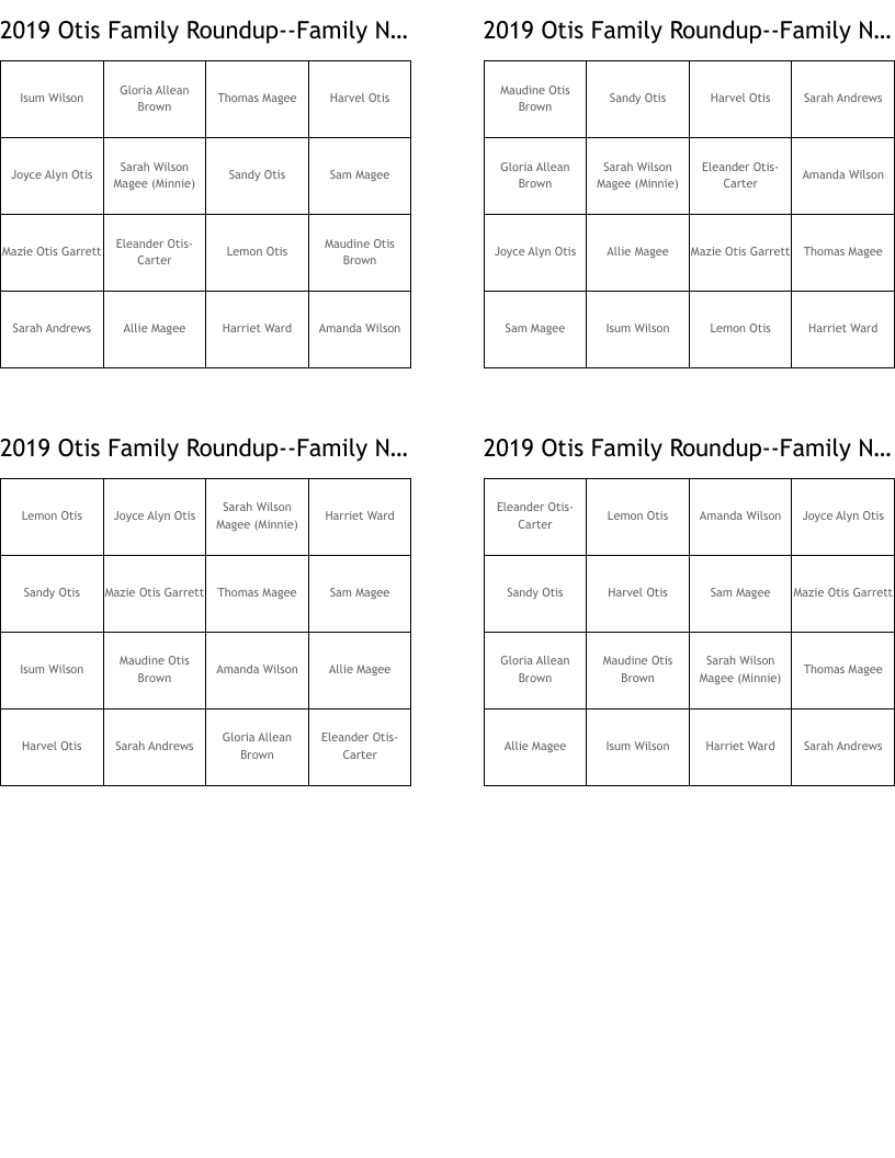 2019 Otis Family Roundup--Family Names Bingo Cards