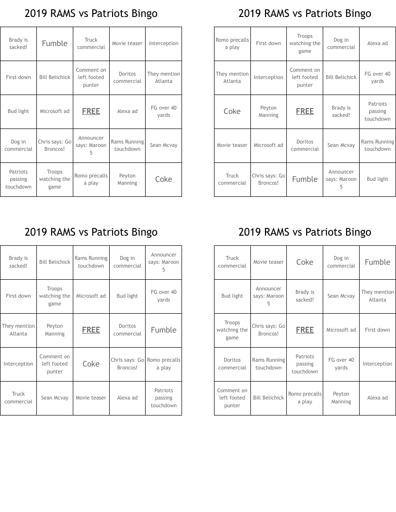 2019 RAMS vs Patriots Bingo