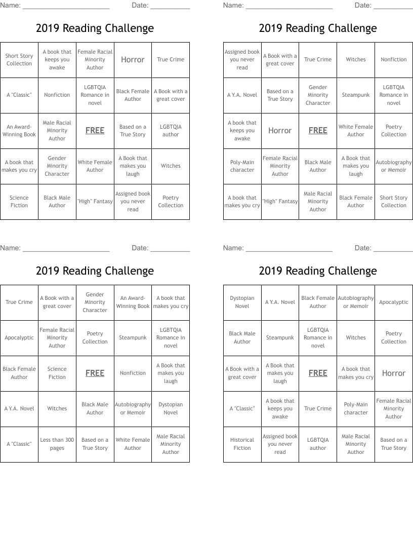 2019 Reading Challenge Bingo Cards