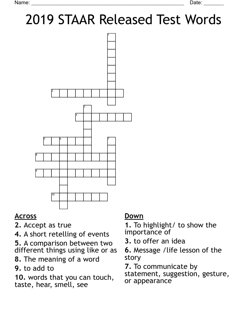 2019 STAAR Released Test Words Crossword