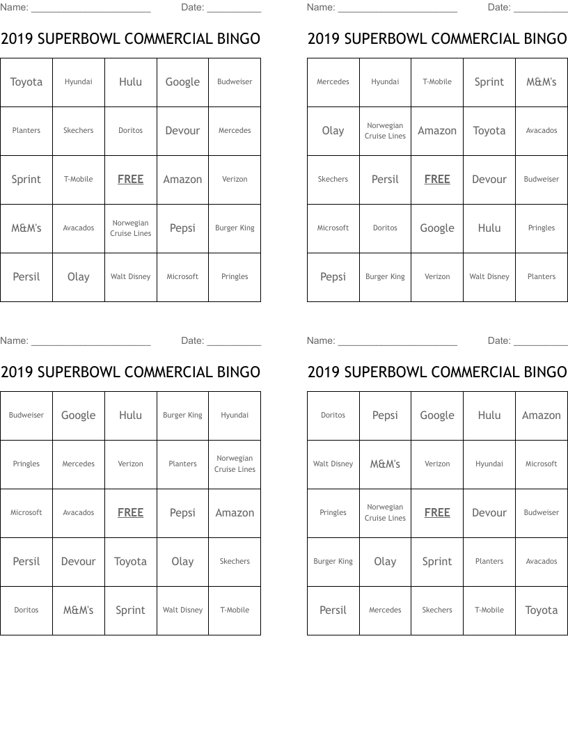 2019 SUPERBOWL COMMERCIAL BINGO