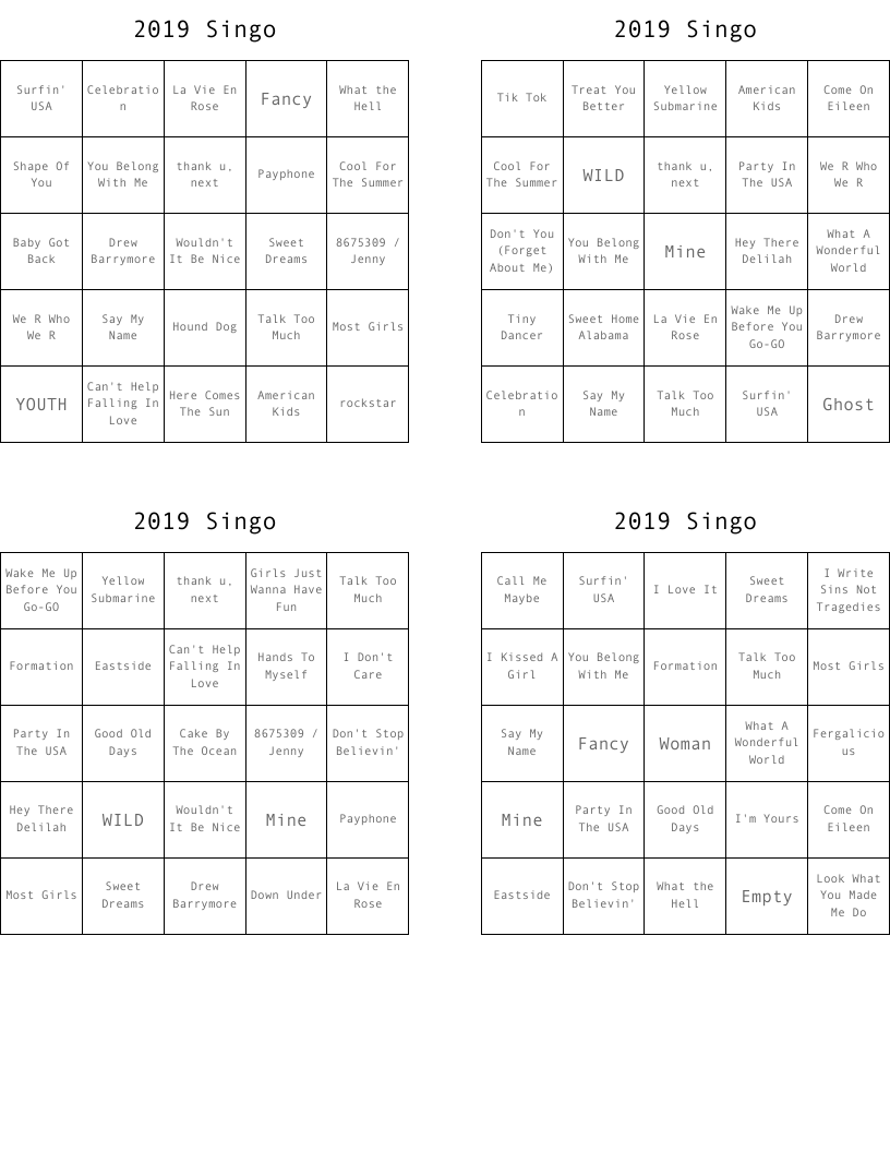 2019 Singo Bingo Cards