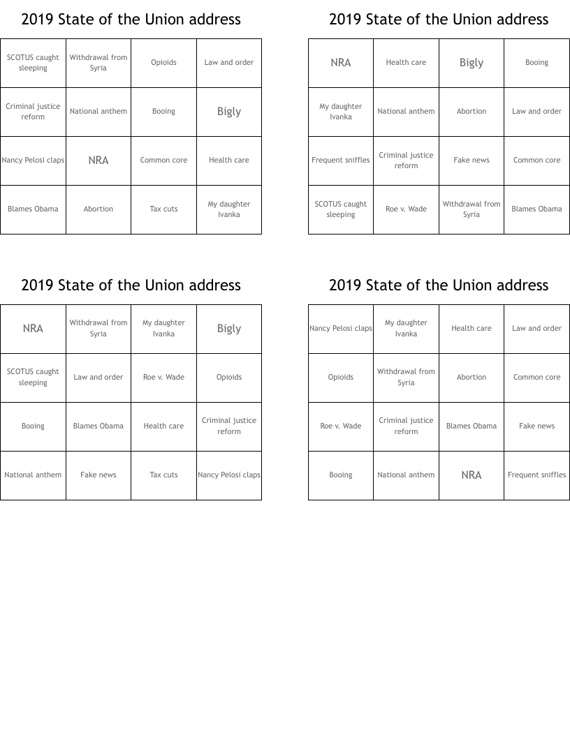 2019 State of the Union address Bingo Cards